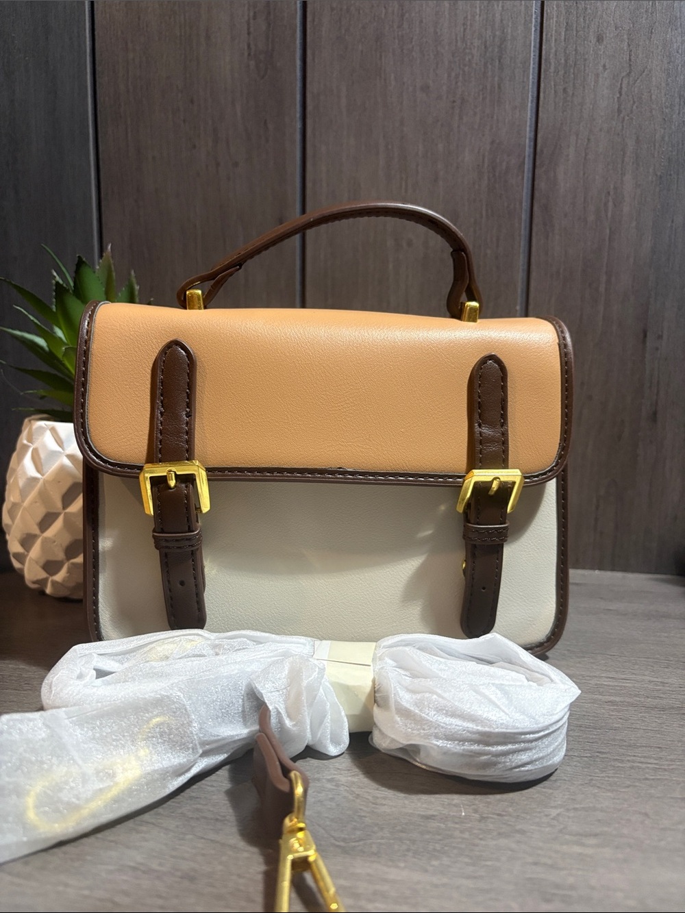 Two-Tone Tan and Cream Structured Satchel with Brown Trim